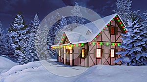 Rustic house decorated for Xmas at winter night 3D