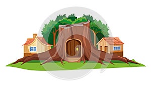 Rustic House in a Tree Stump, Enchanted Forest Home Vector, vector design Generative AI