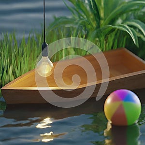 Rustic Illumination: Wooden Boat with Light Bulb,Night Light on the Water: A Boat with a Glowing Bulb