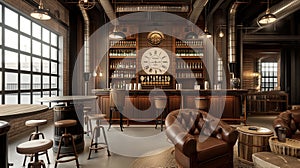 Rustic Industrial Style Bar Interior With Large Windows And Brick Walls