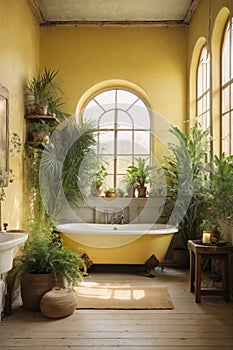 rustic interior bathroom with plants around