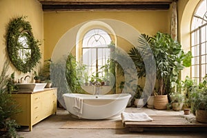 rustic interior bathroom with plants around