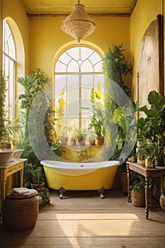 rustic interior bathroom with plants around