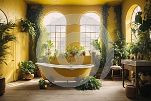 rustic interior bathroom with plants around