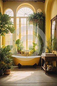 rustic interior bathroom with plants around