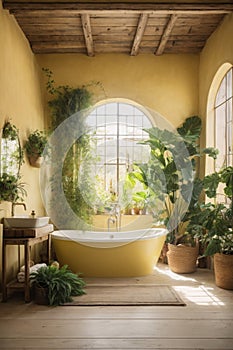 rustic interior bathroom with plants around