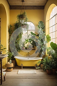 rustic interior bathroom with plants around