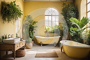 rustic interior bathroom with plants around