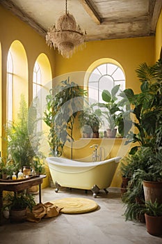 rustic interior bathroom with plants around