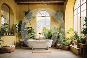 rustic interior bathroom with plants around