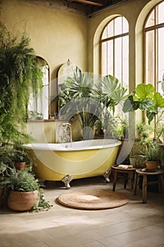 rustic interior bathroom with plants around