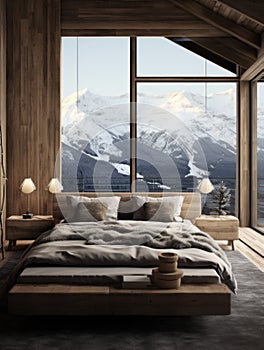 Rustic interior design of modern bedroom in chalet with snow mountain view