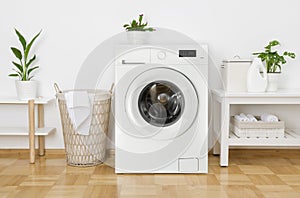 Rustic interior of home laundry room with modern washing machine