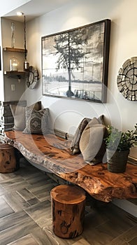Rustic interior with a natural wood bench and decorative tree art, ideal for cozy home decor.