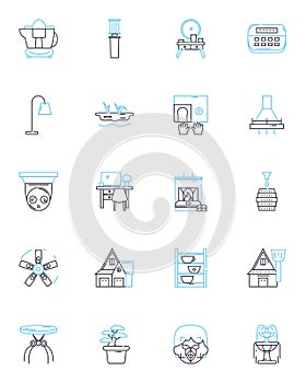 Rustic interiors linear icons set. Wood, Farmhouse, Cozy, Vintage, Cabin, Natural, Rustic line vector and concept signs