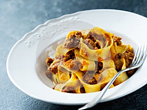 Rustic italian pappardelle bolognese pasta in meat sauce photo
