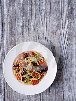 Rustic italian spaghetti puttanesca pasta