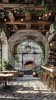 Rustic Italian trattoria with exposed beams terracotta pots