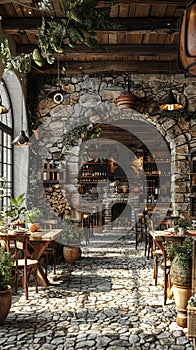 Rustic Italian trattoria with exposed beams terracotta pots