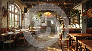 Rustic italian trattoria interior with warm lighting and detailed decor in wide angle photography