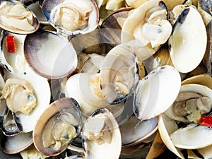 Rustic italian vongole clams in white wine sauce food background