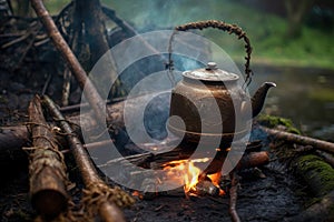 rustic kettle with mint tea steaming on a campfire