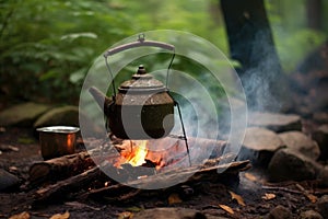 rustic kettle with mint tea steaming on a campfire