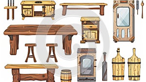 Rustic kitchen appliances set with a western wooden furniture set. Table, oven, range hood, refrigerator, and utensils