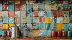 Rustic Kitchen with Colorful Distressed Tile Wall