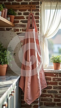Rustic kitchen corner with pink apron and sunlit brick wall