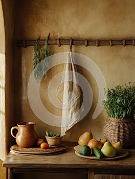 Rustic Kitchen Counter with Produce and Herbs photo