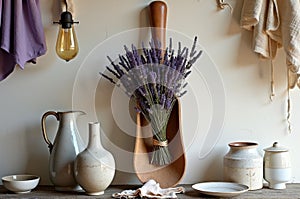 Rustic kitchen decor with dried lavender and ceramic vases