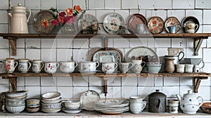 rustic kitchen decor, in the rustic country kitchen, antique ceramic plates and mugs on aged wooden shelves bring a