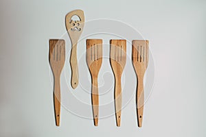 Rustic Kitchen Decoration with wooden cutlery. Country kitchen decoration.