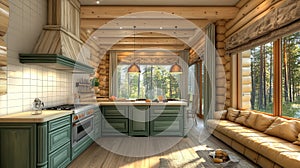 Rustic kitchen design, log cabin, forest view, sunlight, interior design