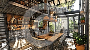 A rustic kitchen and dining area with natural light and plants