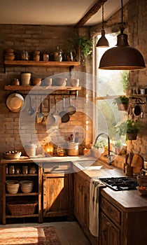 A Rustic Kitchen Featuring Wooden Elements And Vintage Decor, Enhanced By The Warm Glow Of The Evening Light. Generative AI