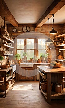 A Rustic Kitchen Featuring Wooden Elements And Vintage Decor, Enhanced By The Warm Glow Of The Evening Light. Generative AI