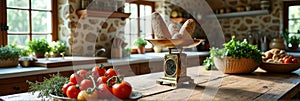 Rustic kitchen with fresh bread and vegetables on a wooden table