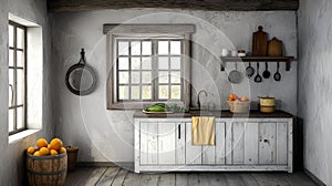 Rustic kitchen with fresh produce white walls