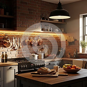 Rustic Kitchen Interior Bread, Fruit, and Brick Wall