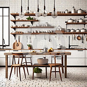 Rustic kitchen interior with white brick wall. Modern room design with wooden furniture,