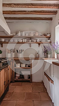 A rustic kitchen with open shelving terracotta flooring and lavender decor.