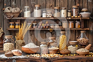 Rustic Kitchen Pantry With Assorted Dry Foods in Glass Jars on Wooden Shelves, Country Home Interior