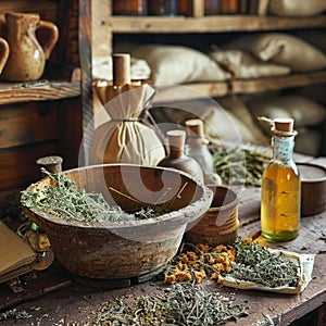 A rustic kitchen scene featuring the preparation of a herbal poultice and infusion designed to draw out bodily toxins