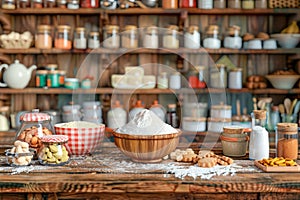 Rustic Kitchen Scene with Fresh Baked Cookies, Assorted Baking Ingredients and Utensils on Wooden Table