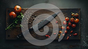 Rustic kitchen scene with fresh tomatoes, spices, and a chef's knife on a cutting board. perfect for culinary