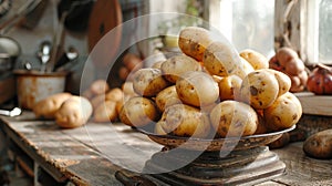 A rustic kitchen scene with a pile of fresh potatoes on a scale.