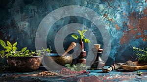 Rustic kitchen scene with spices, herbs, and cooking tools