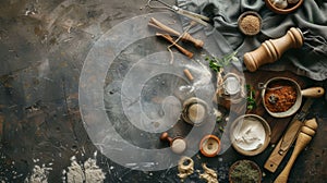 Rustic kitchen scene with spices, herbs, and cooking tools